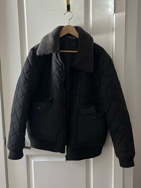 George Black Quilted Bomber Jacket with Dark Gray Sherpa Collar